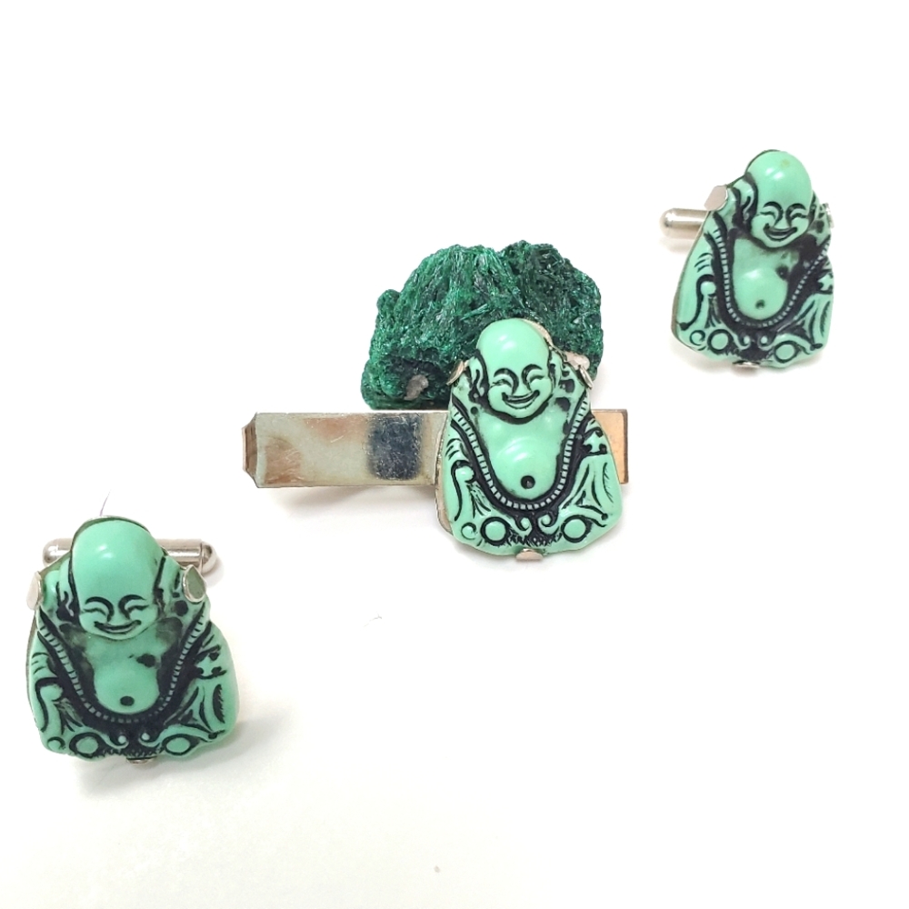 Vintage 3-piece Green Buddha Bakelite Cufflink and Tie Clip Set